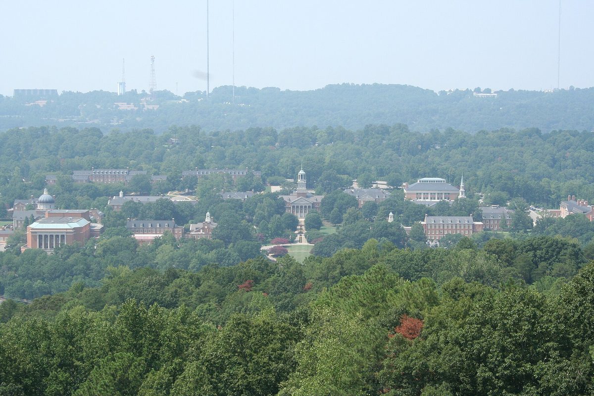 Samford University's red-brick campus and white-domed tower rising above a thick canopy of green trees in Homewood, seen from a hilltop