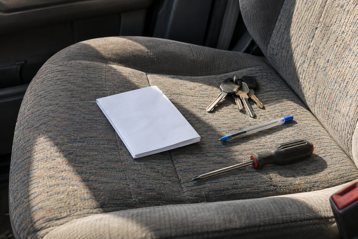 Blank papers, keys, a pen and a screwdriver on a car seat