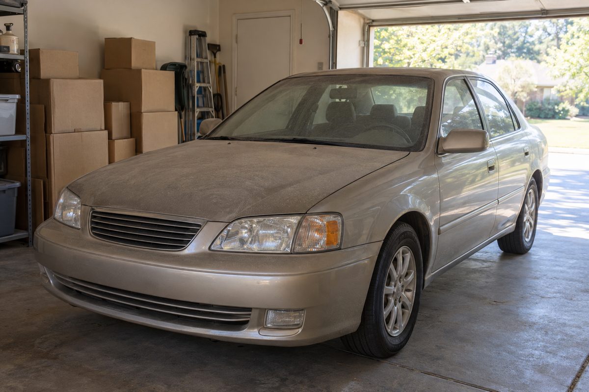 A dusty champagne sedan parked in a home garage beside stacked cardboard boxes, storage shelves and a ladder