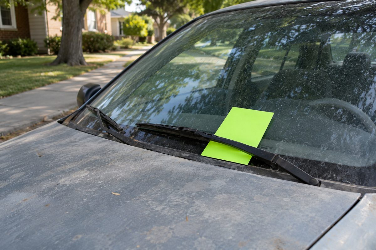 A dusty gray car parked by a quiet residential sidewalk with a bright green notice tucked under its windshield wiper