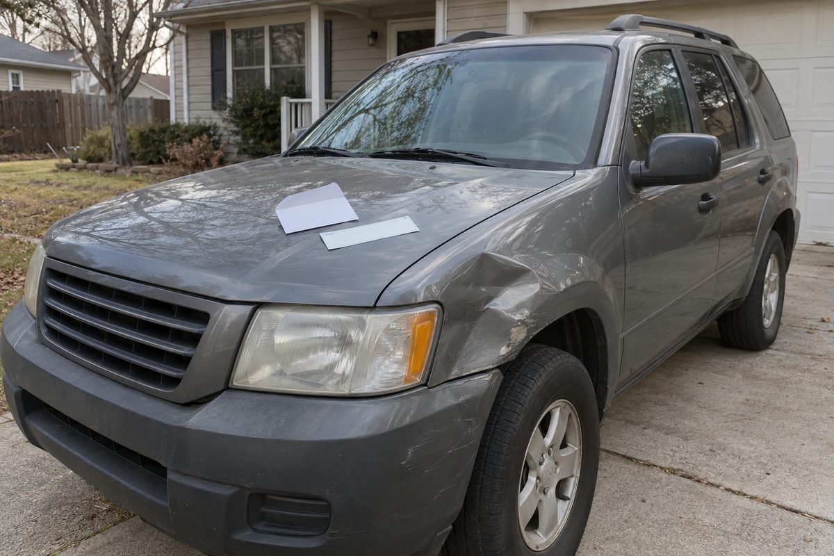 A gray SUV with a crumpled front fender parked in a house's driveway, two sheets of paper lying on its hood