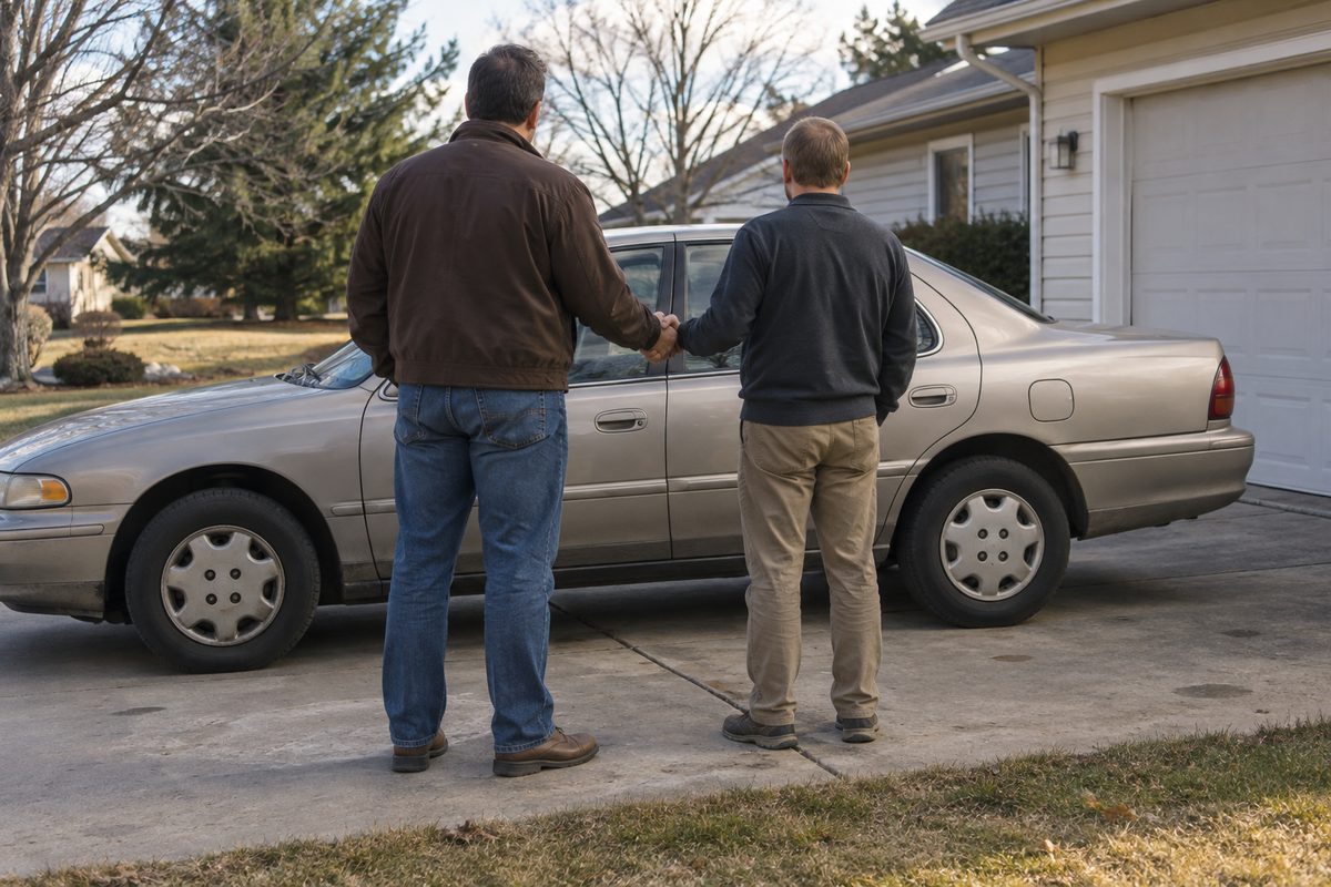 Two men seen from behind shaking hands beside an older tan sedan parked in a driveway in front of a white garage door