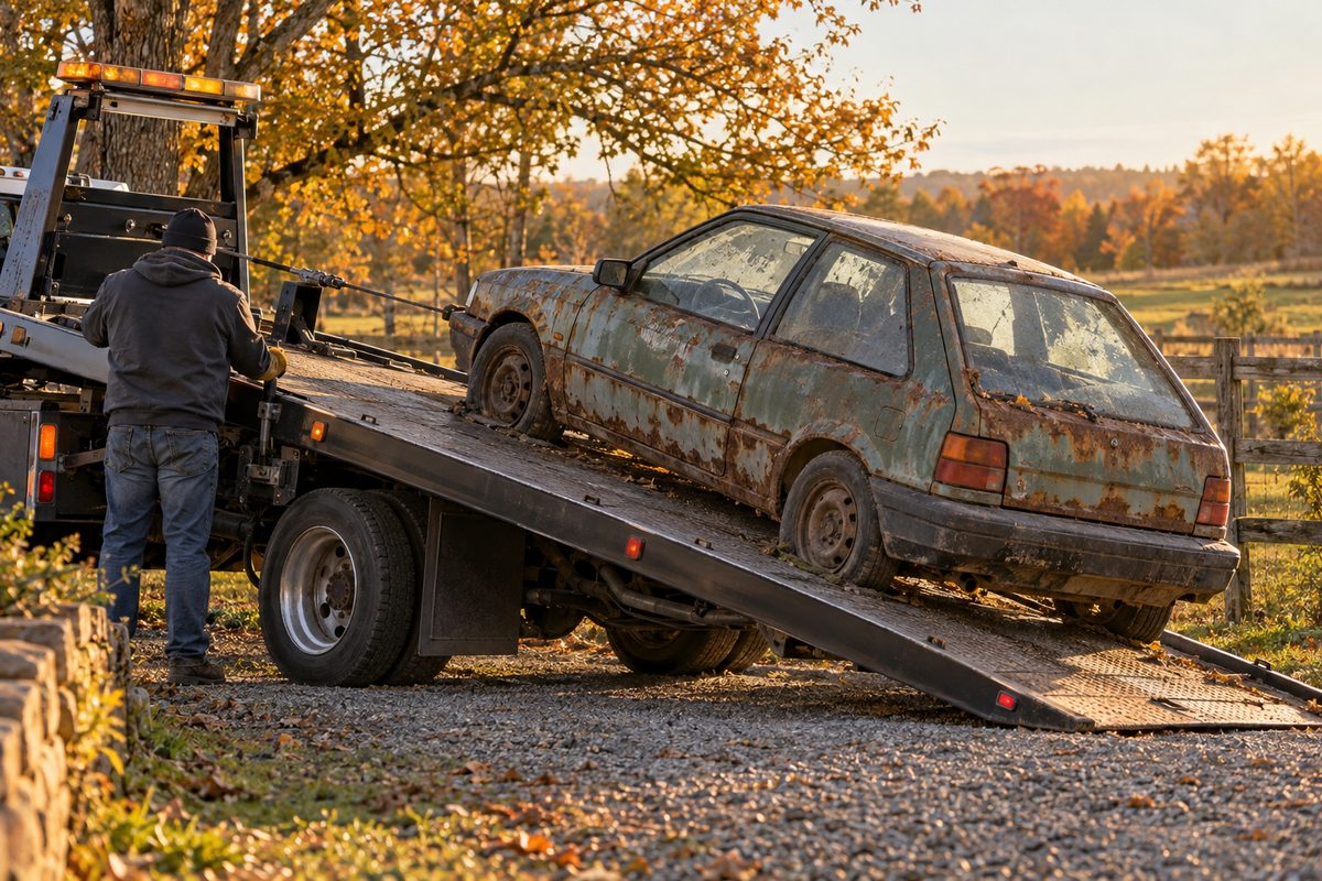 A man in a hoodie winching a rusted hatchback up the bed of a flatbed tow truck on a gravel drive, autumn trees behind