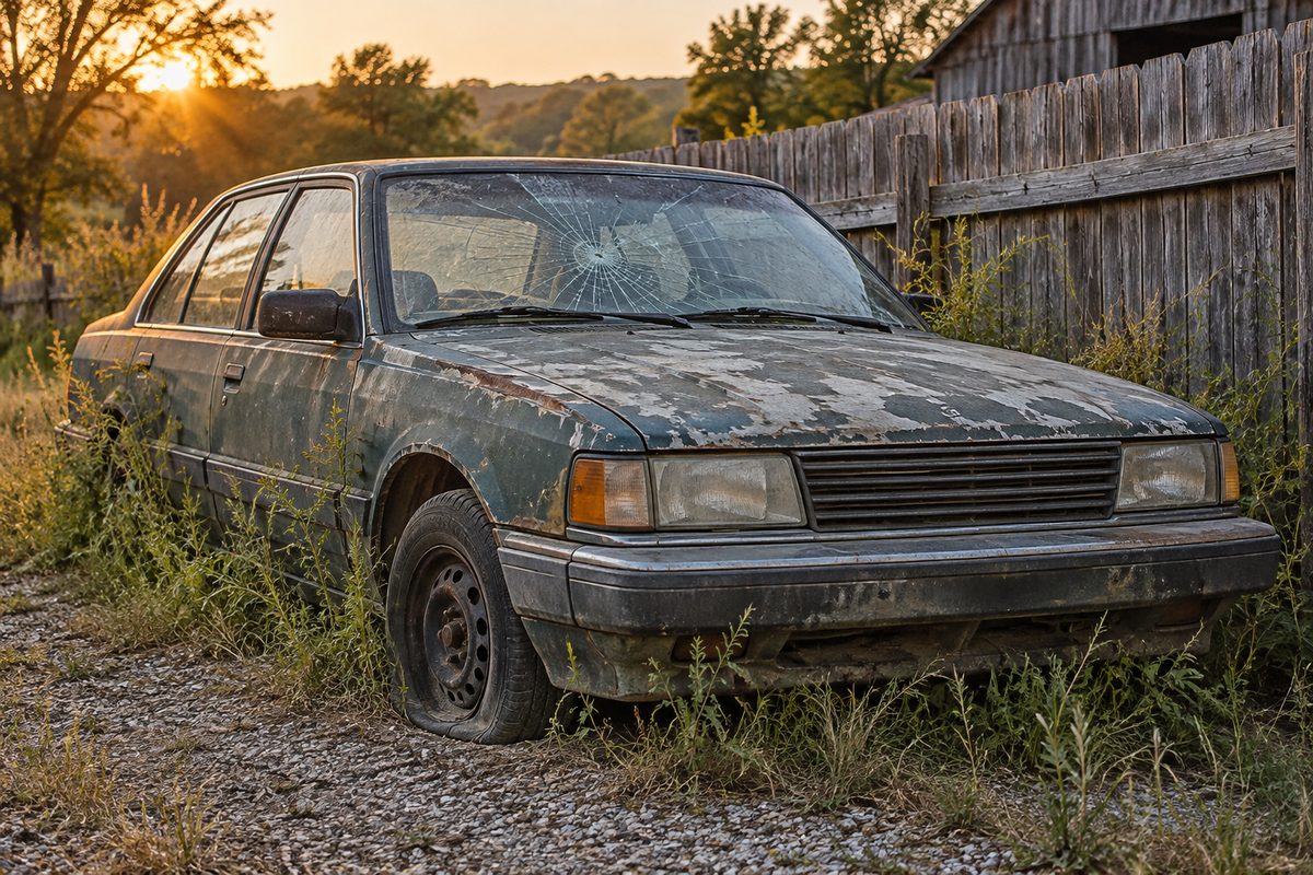 An old faded sedan with a flat tire parked beside a wooden fence