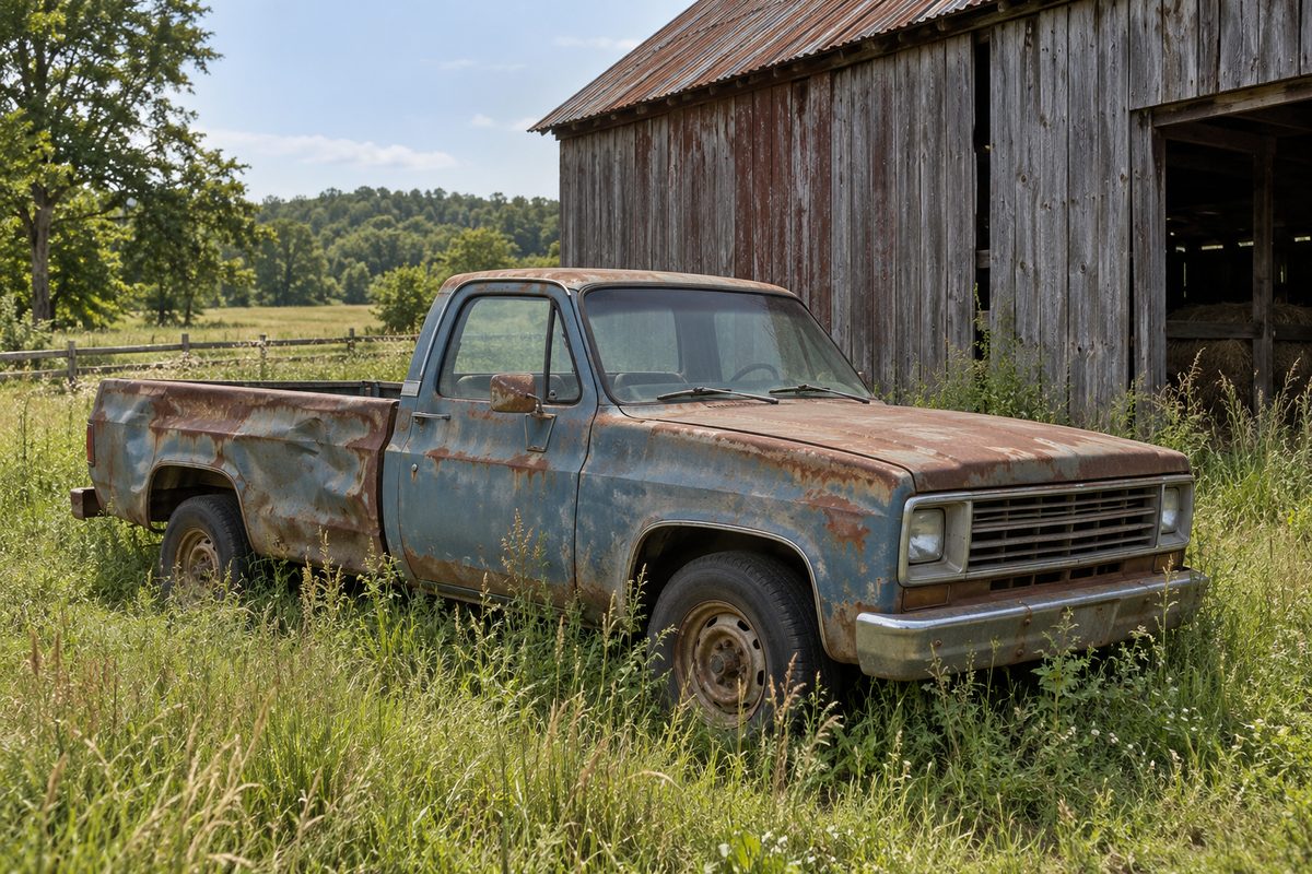 A rusted blue pickup truck with dented panels sitting in tall grass beside a weathered wooden barn