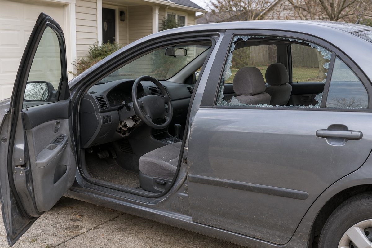 A gray sedan parked in a driveway with the driver's door open, the rear side window smashed and the plastic cover torn off the steering column