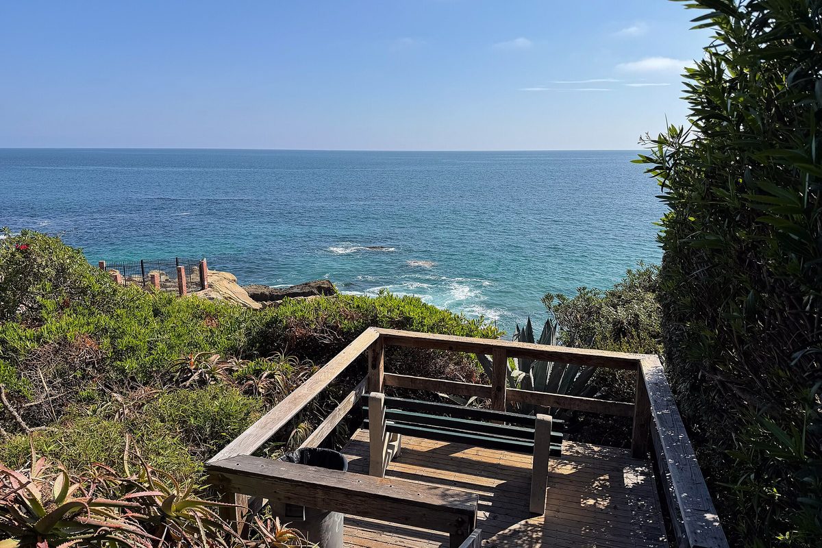 A wooden overlook deck with a bench above a rocky cove in Laguna Beach, with succulents and shrubs in front of a blue ocean