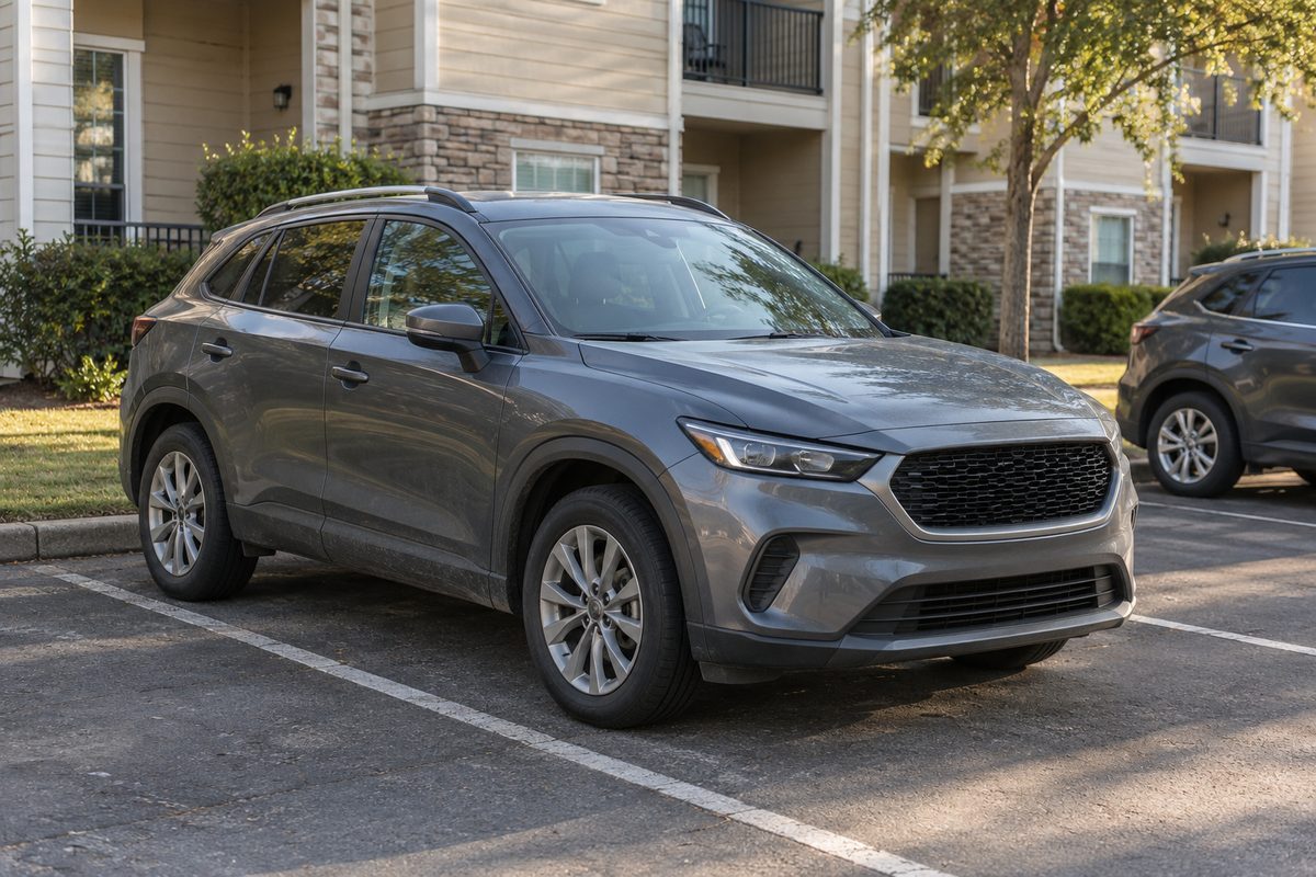 A gray compact SUV parked in a marked space outside an apartment building, with a second SUV parked to its right