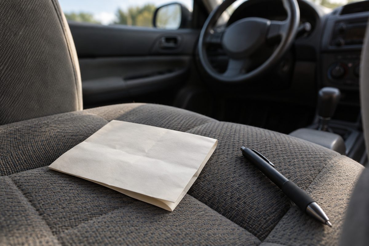 A blank folded paper and a pen resting on a cloth driver's seat of a parked car, steering wheel in soft light behind
