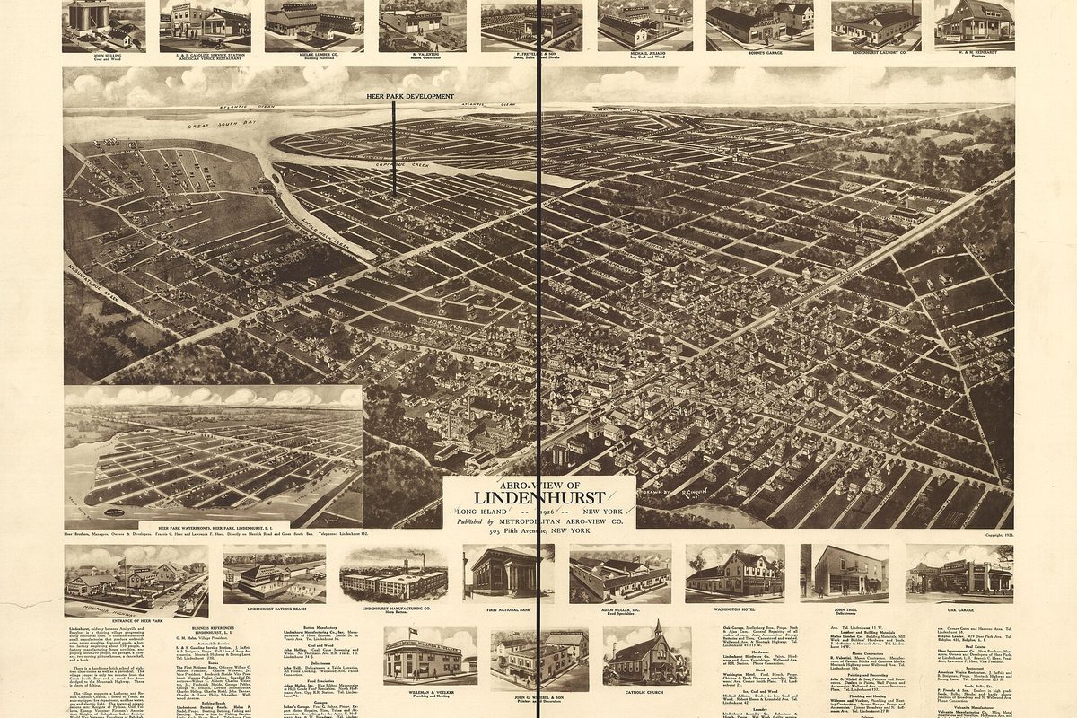 A 1926 bird's-eye map of Lindenhurst, Long Island, showing its street grid and rail line, framed by small drawings of local buildings