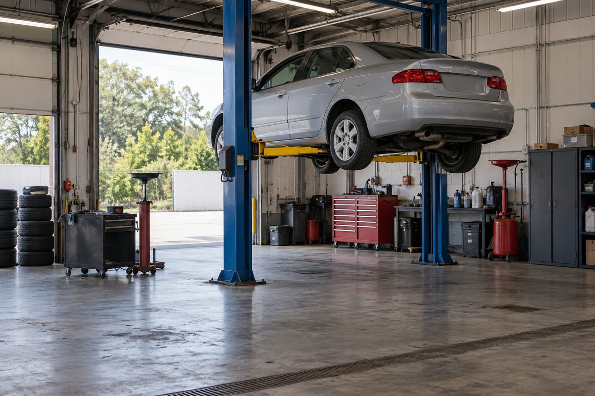 A silver sedan raised on a two-post lift in a clean repair shop, with a red tool chest, tire stack and an open bay door
