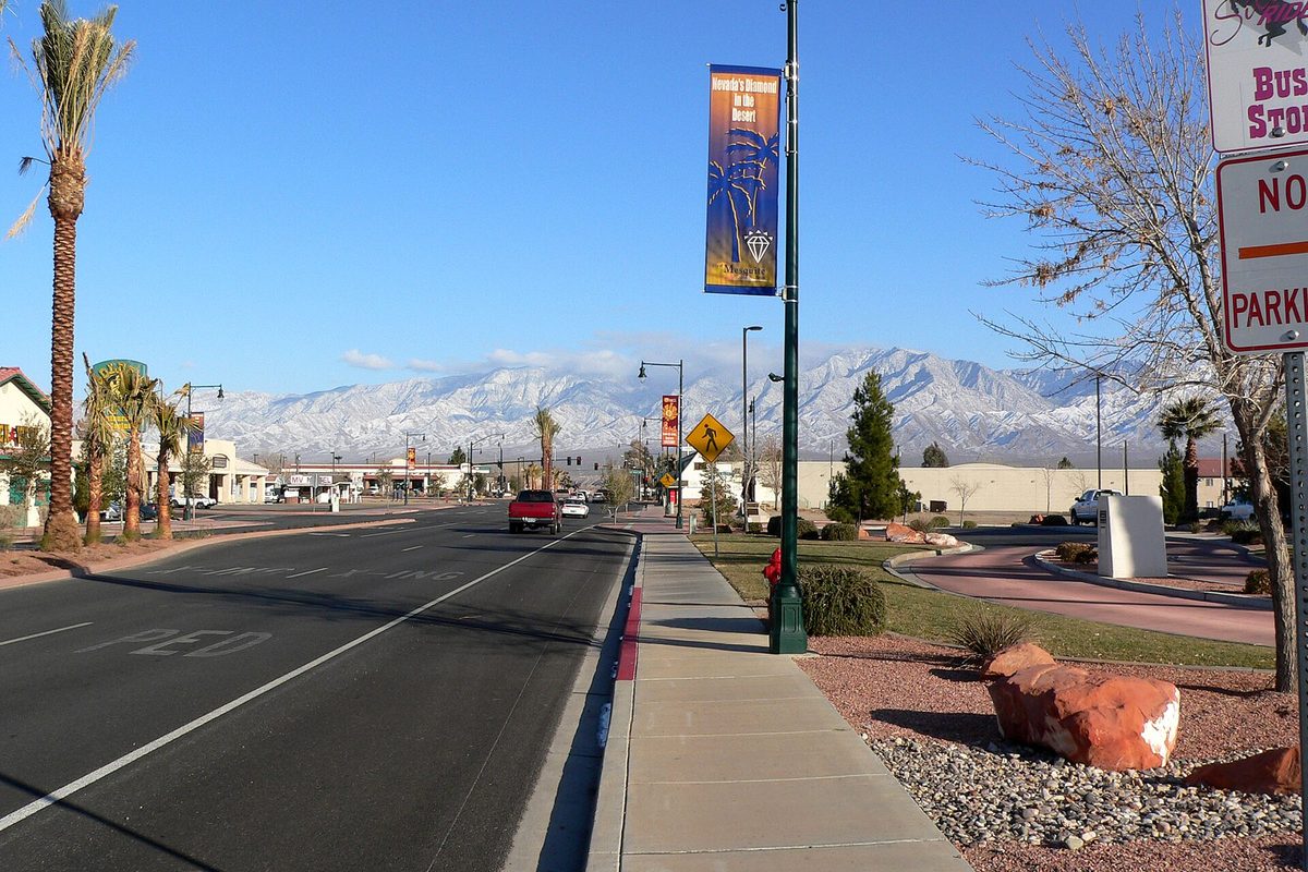 A wide street near Mesquite City Hall lined with palm trees and red-rock landscaping, with snow-covered mountains under a clear blue sky