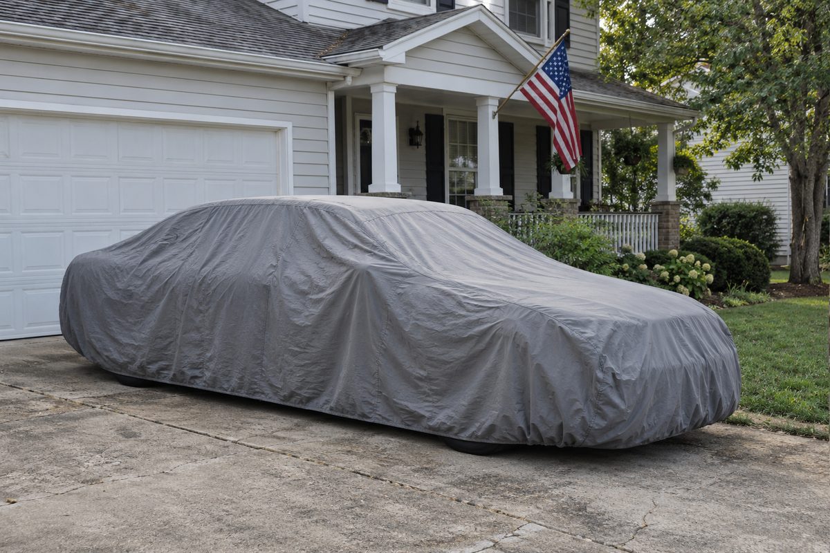 A sedan under a gray fitted car cover parked on a concrete driveway in front of a white house with an American flag on the porch
