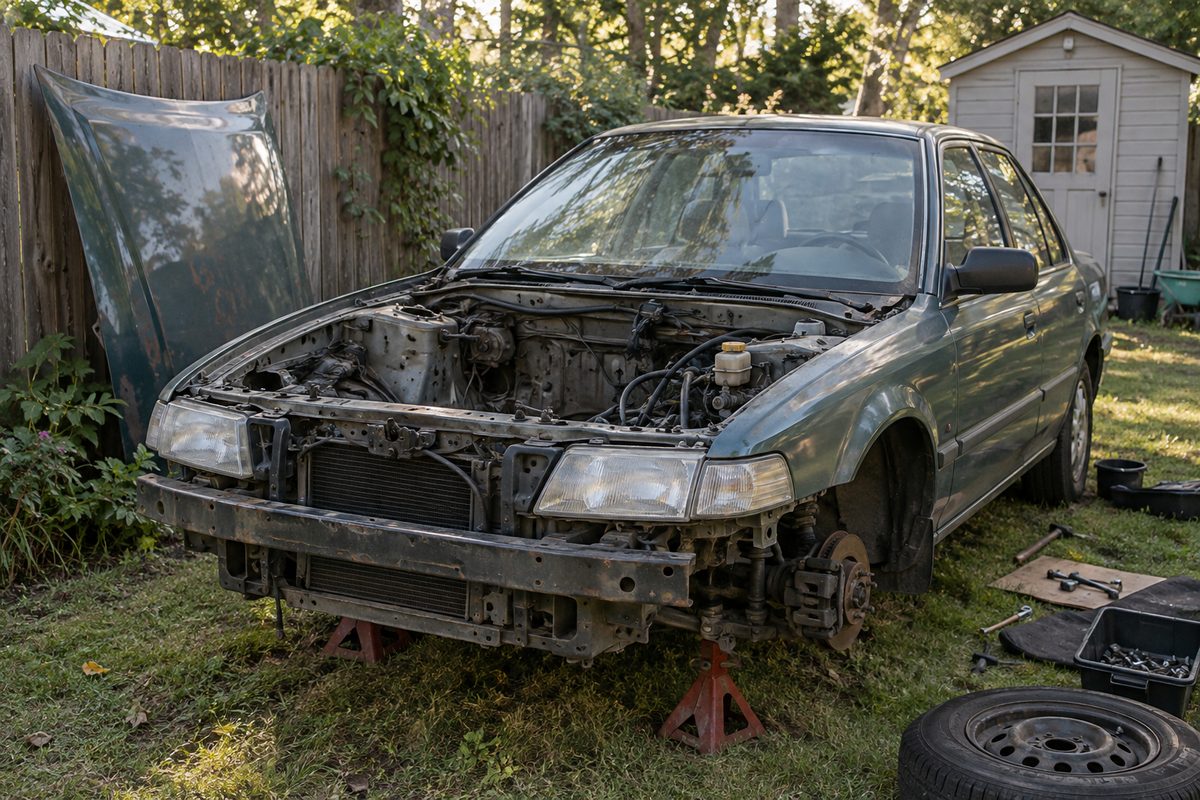 A partly stripped car on jack stands with its hood leaning on a fence