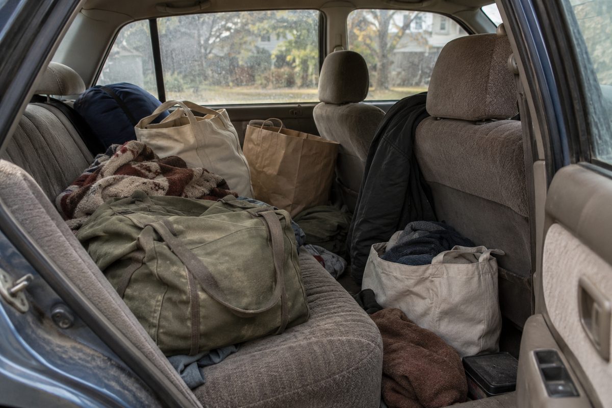 The back seat of an older sedan crowded with duffel bags, paper shopping bags, canvas totes and blankets, with a dark jacket draped over the front seat