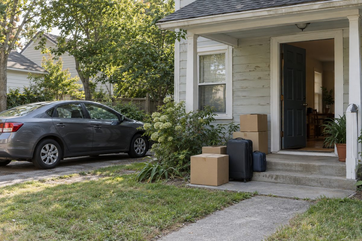 A gray sedan parked beside a white house, with moving boxes and two suitcases stacked on the front steps by the open door