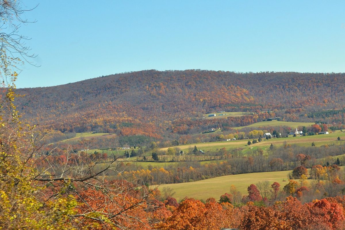 Autumn hillside in Murrysville covered in orange and red trees, above green farm fields and a few white farm buildings