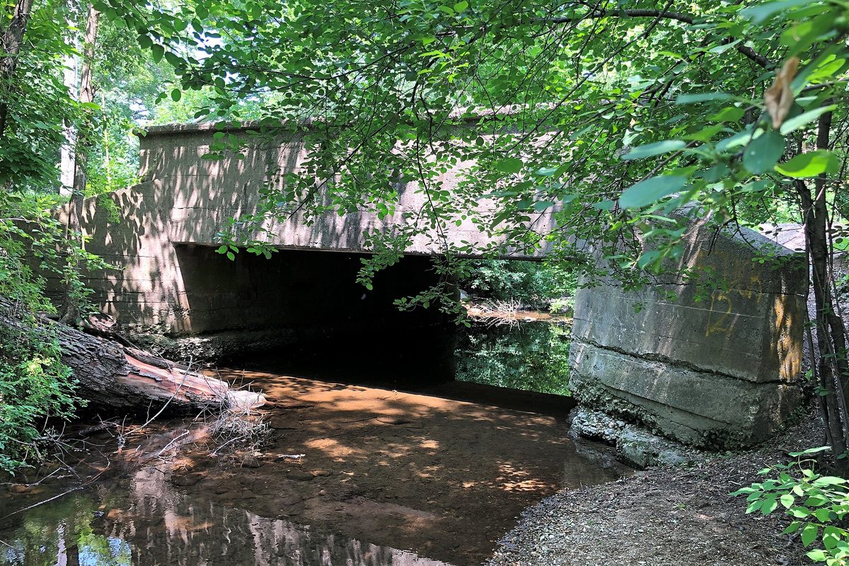 An old concrete railway bridge over a shallow, shaded creek in Muskego, with a fallen log in the water and leafy branches overhead
