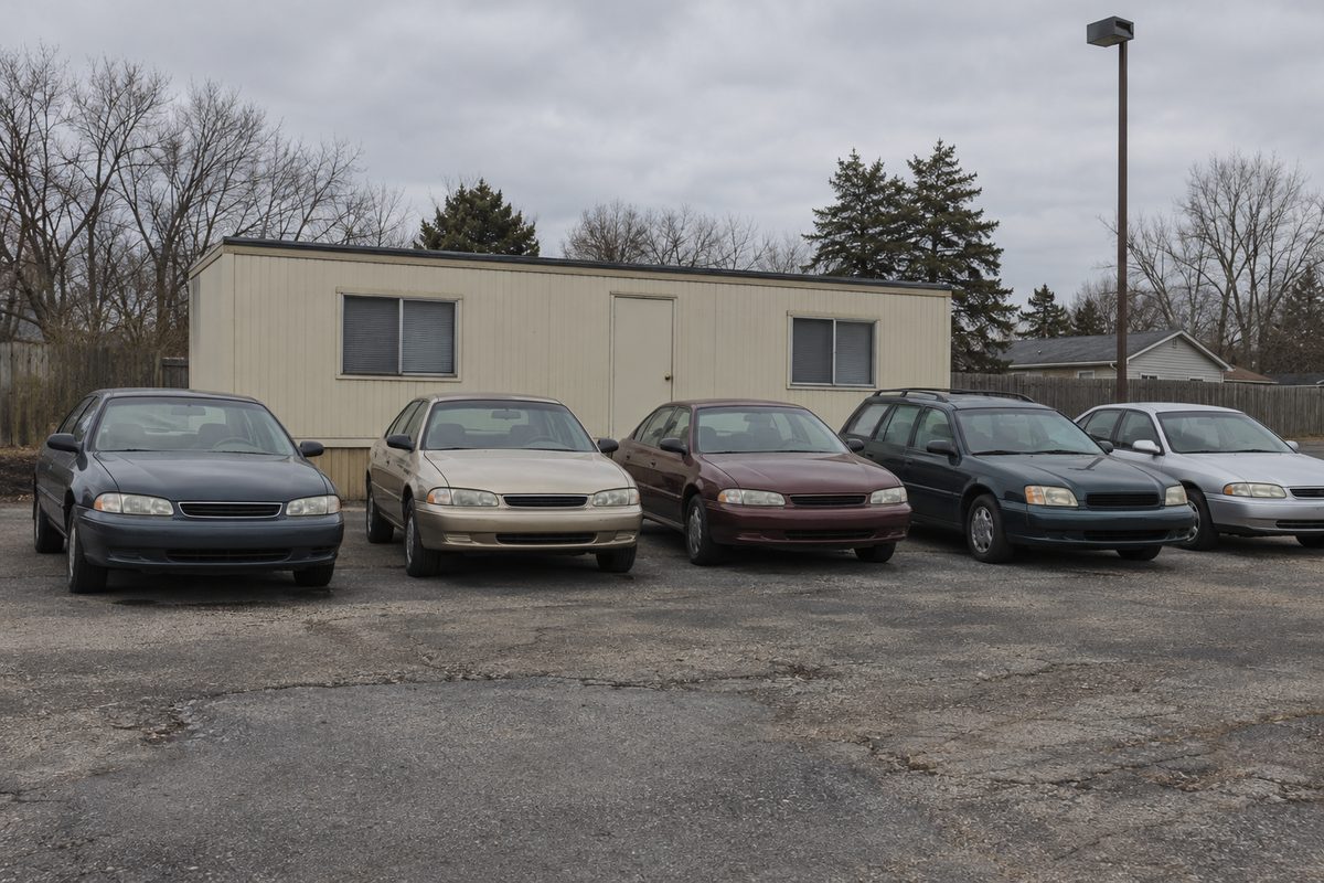 Five older sedans and a wagon lined up on a cracked gravel lot in front of a small portable office building on a gray day