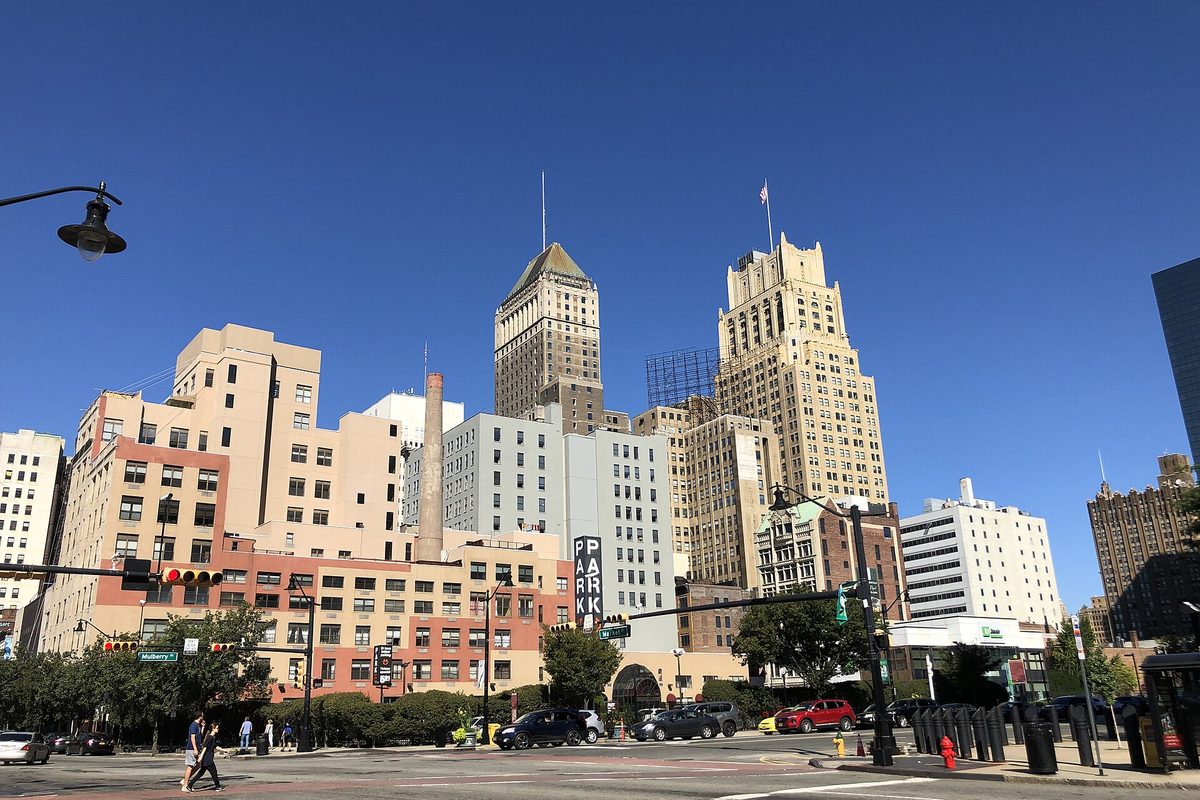 Downtown Newark seen from the corner of Market Street (Essex County Route 510) and Mulberry Street