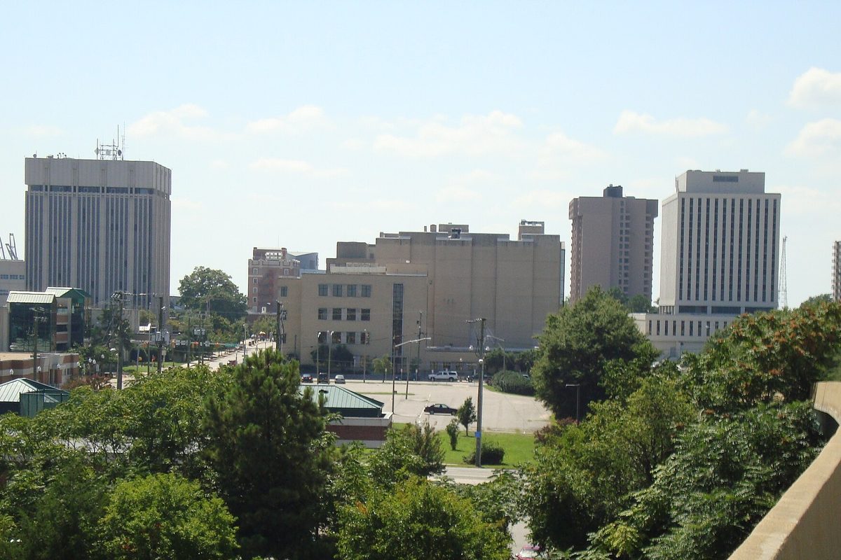 Downtown Newport News seen from a highway overpass, with tall office towers and a beige block of buildings rising behind green treetops under a clear sky