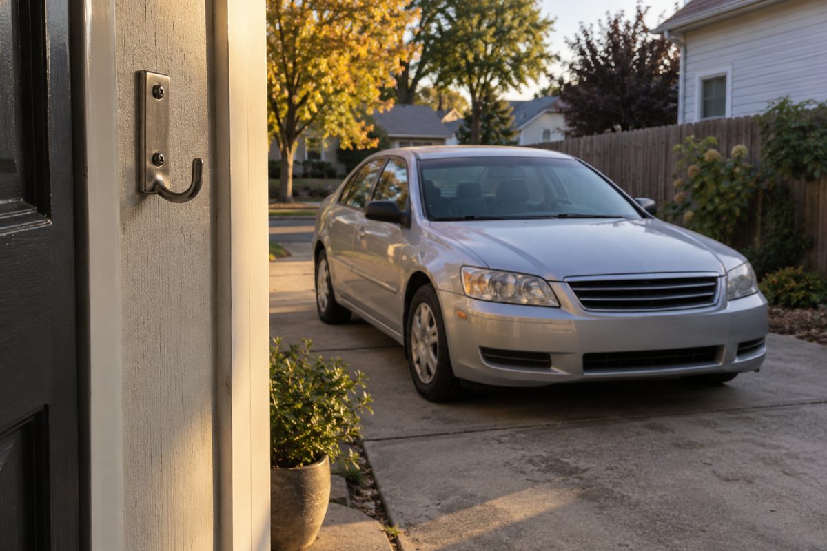 A silver sedan parked in a sunny driveway, seen from a doorway beside an empty wall hook where a key would hang