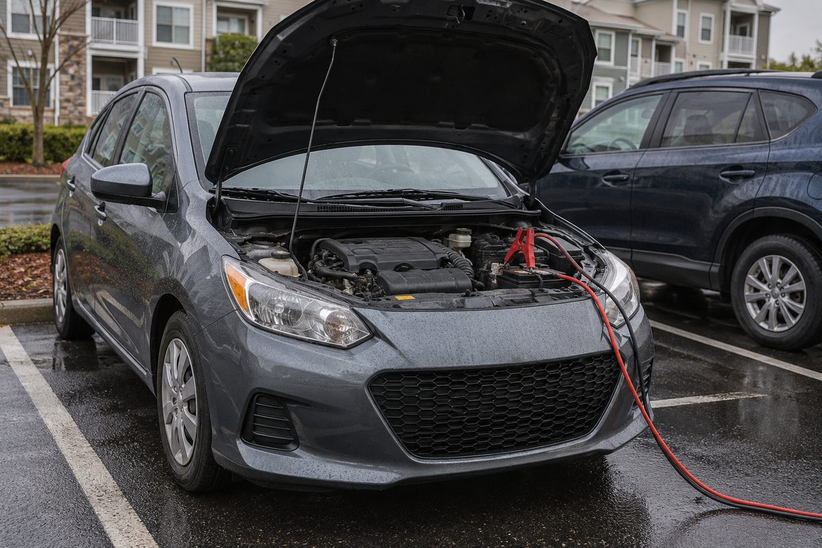 A compact car with its hood up and jumper cables on the engine
