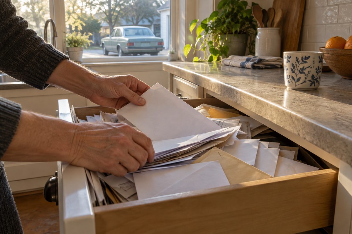 Someone searching a drawer of papers with an old car outside the window