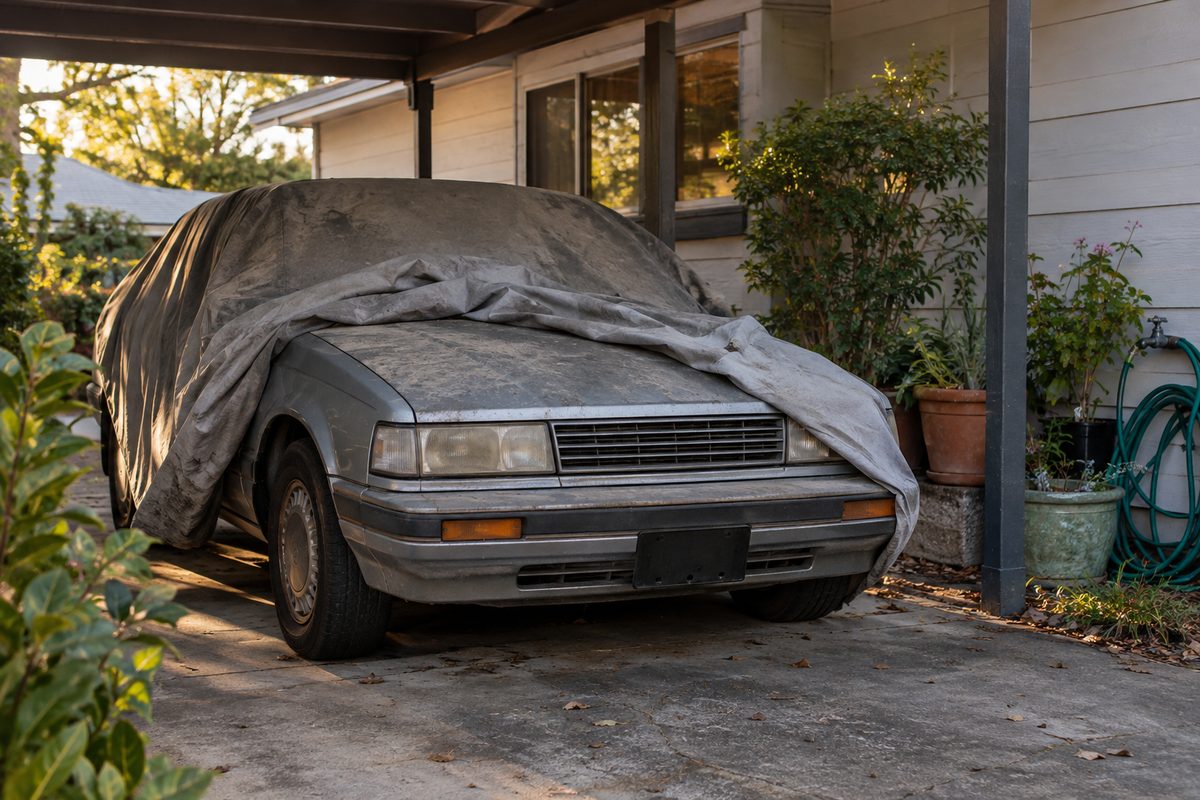 An old sedan in a carport with its cover half pulled back