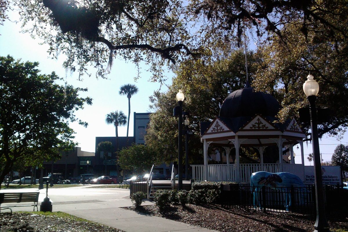The white gazebo on Ocala's downtown square under live oaks, with a painted horse sculpture by the fence and palm trees behind