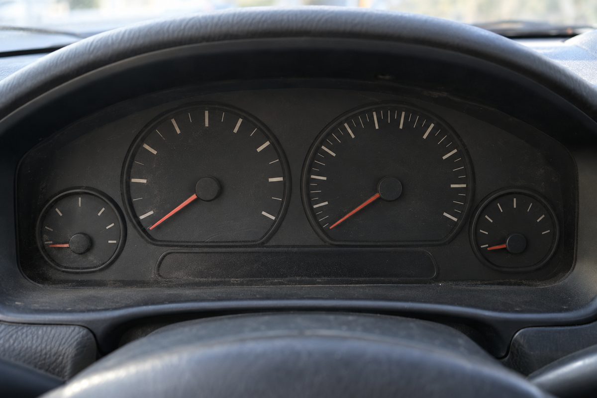 An instrument cluster with two large and two small round gauges, white tick marks with no numbers and orange needles, behind a black steering wheel