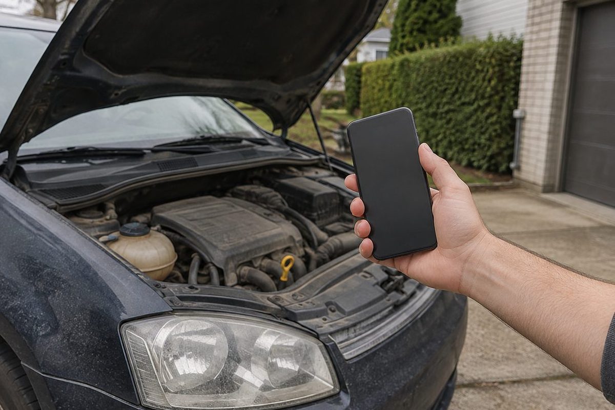A hand holding a phone up in front of a dark minivan with its hood open, parked in a house driveway