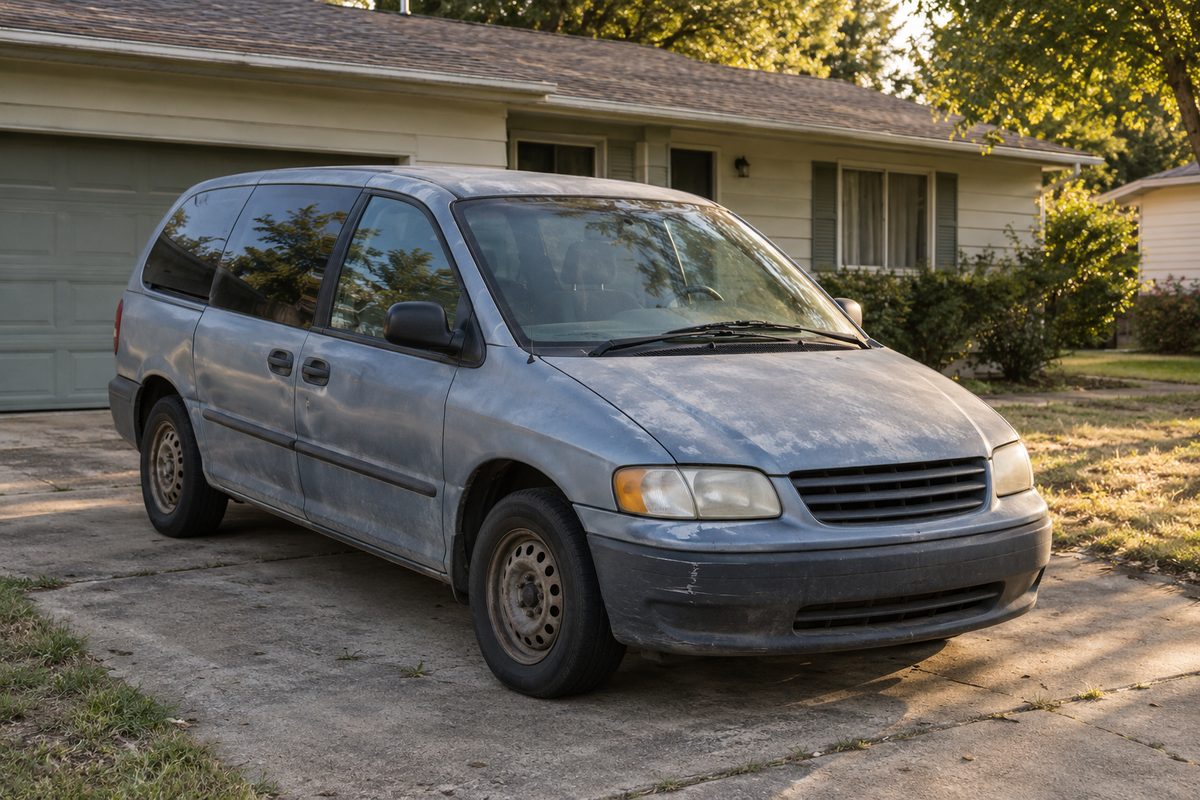 A dusty silver minivan with faded paint and steel wheels parked in a driveway in front of a house and garage
