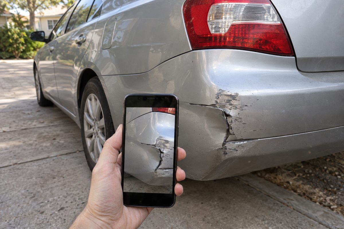 A hand holding a phone to photograph a cracked, dented rear bumper on a silver sedan parked in a driveway