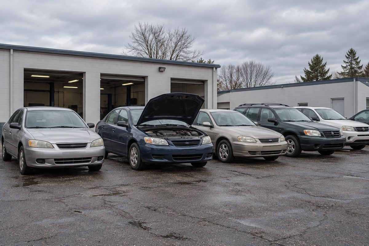 Five older sedans and SUVs parked on wet pavement outside a service garage with open bays, one with its hood raised