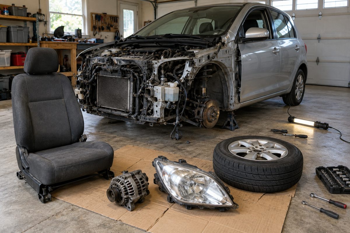 Used car parts laid out on cardboard beside a partly taken-apart car