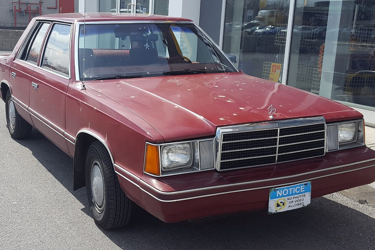 A dark red Plymouth Reliant four-door sedan with spotted, faded paint on the hood, parked outside a glass storefront