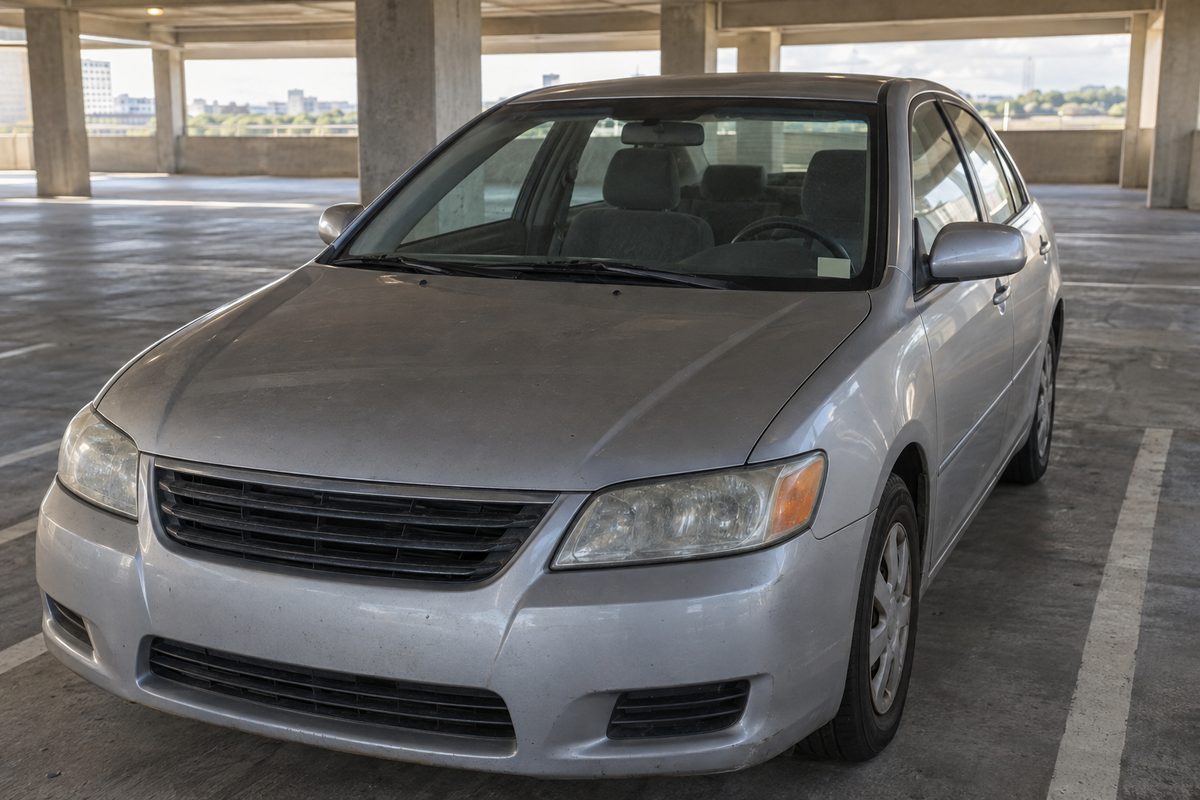 A dusty silver compact sedan parked alone on the open top deck of a concrete parking garage, with a city skyline in the distance