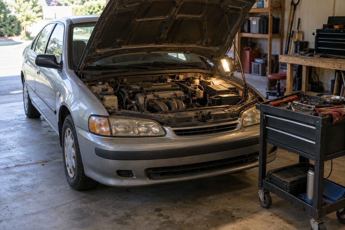 A silver sedan with its hood propped open in a home garage, a work light shining on the engine and a rolling tool cart beside the front bumper