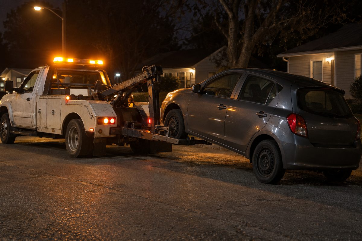 A white tow truck with amber lights lifting the front of a gray hatchback on a residential street at night