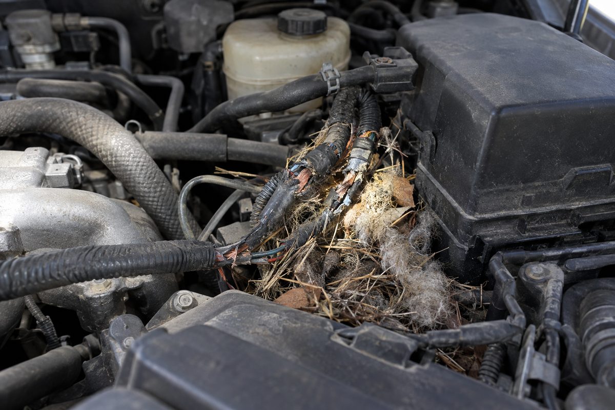 An engine bay with a nest of dry grass, fur and leaves packed between chewed wiring harnesses, the wire insulation stripped to bare strands