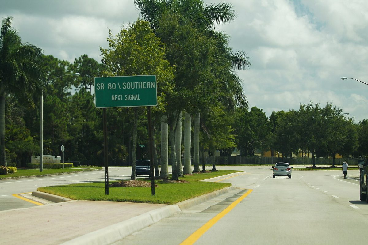 A green road sign reading SR 80 \ Southern, Next Signal, on a grassy median of a palm-lined boulevard, with a silver car coming toward the camera