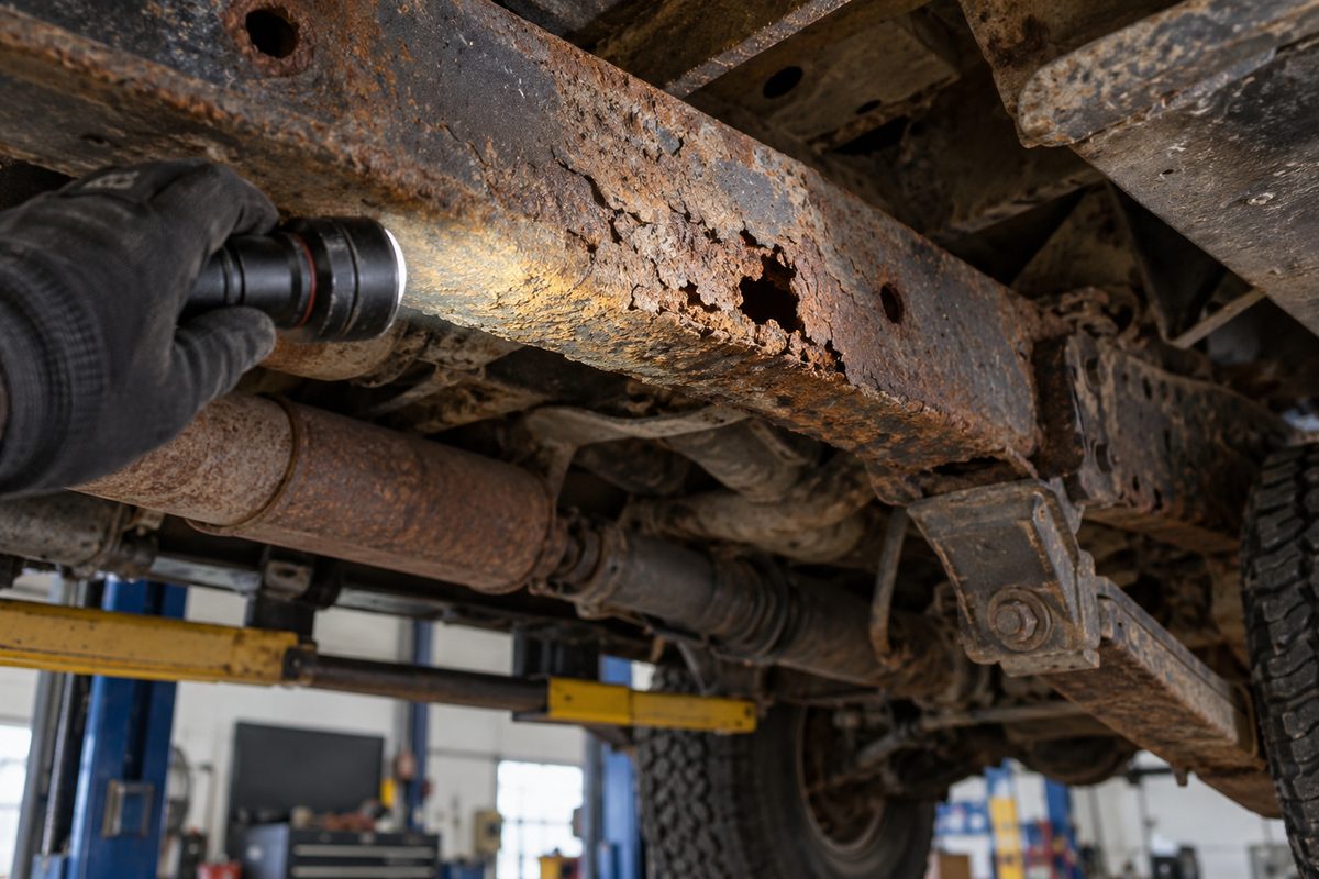 A flashlight on a rusted-through frame rail under a pickup on a lift