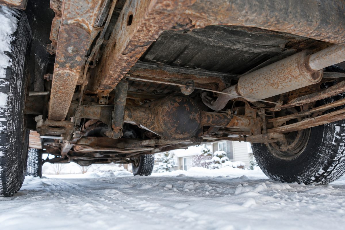 The underside of a pickup parked on a snowy street, showing a heavily rusted frame, rear axle and exhaust pipe above the snow