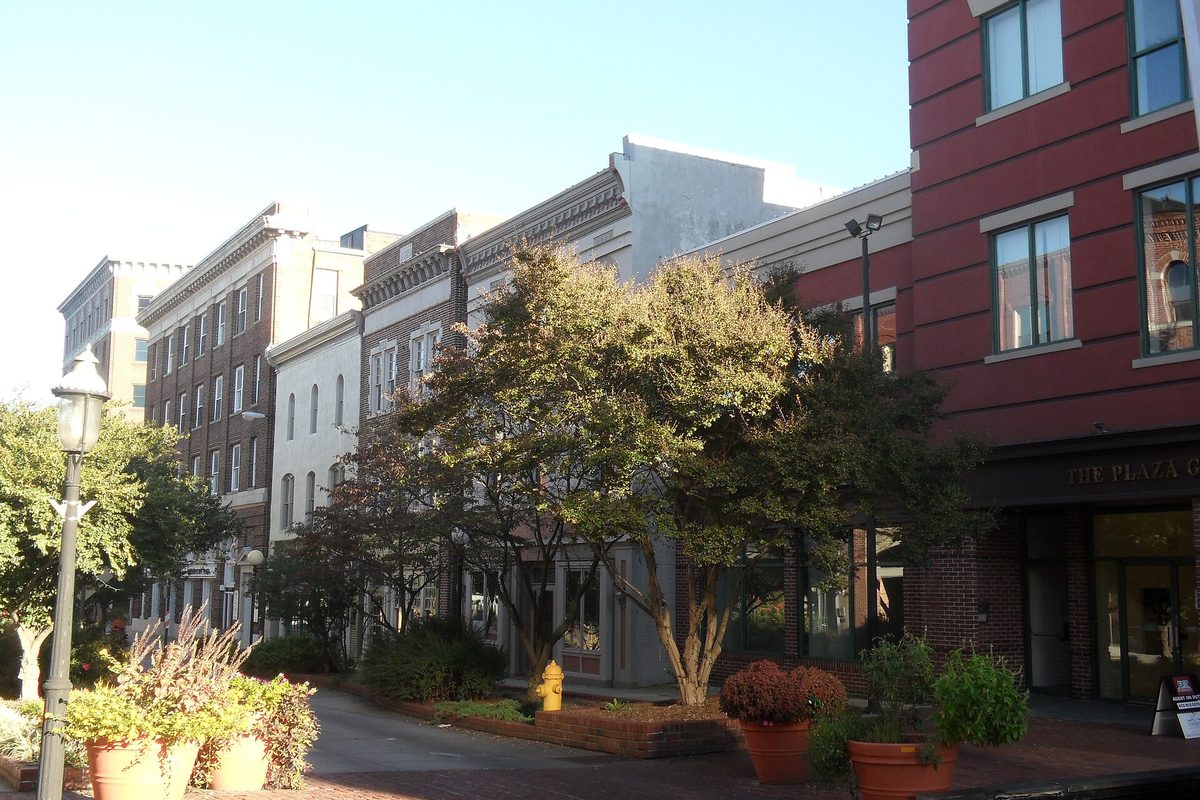 A brick-paved stretch of Main Street in Salisbury with trees, flower planters, a lamppost and a row of older storefront buildings in afternoon sun