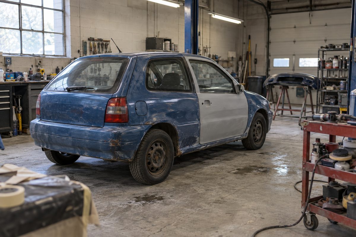 An old hatchback with one primer-grey door inside a body shop