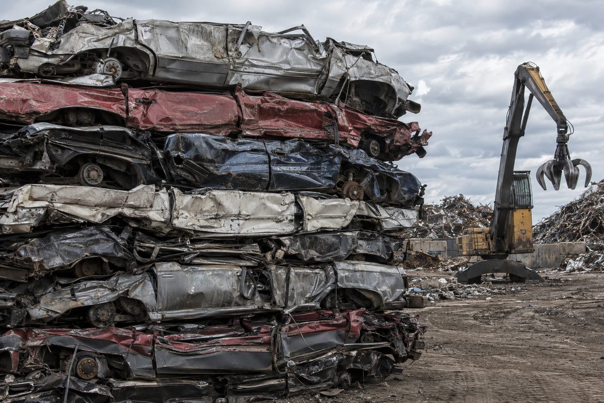 A stack of crushed car bodies at a scrap yard with a crane behind