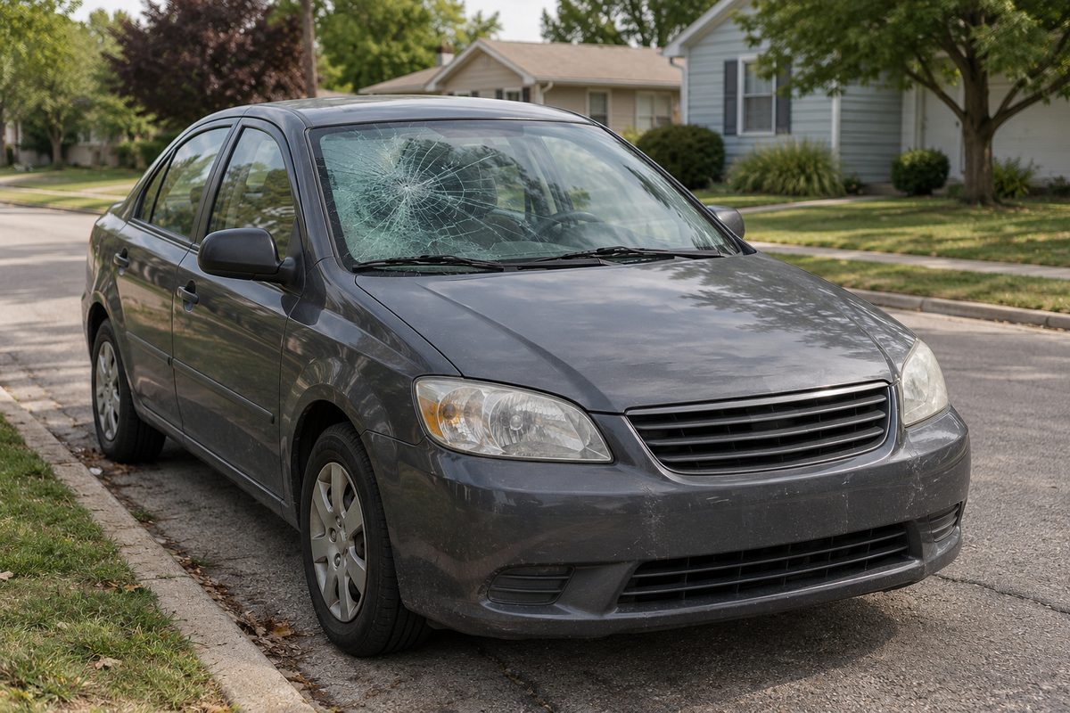 A dark gray sedan with a shattered windshield parked at the curb on a quiet residential street