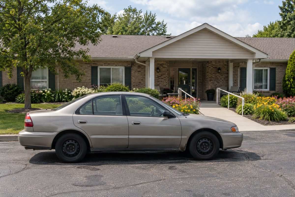A tan older sedan parked in front of a single-story brick building with a covered entrance, flower beds and a ramp with handrails