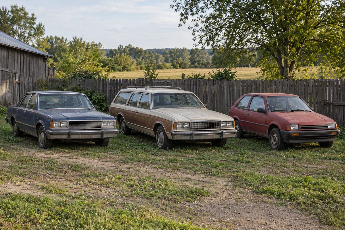 Three older cars, a blue sedan, a tan station wagon with wood-look sides and a red hatchback, parked on grass in front of a wooden fence and a barn